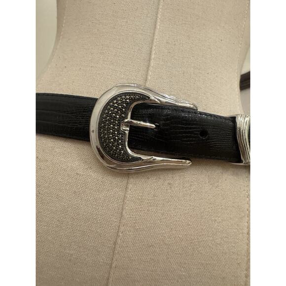 Judith Jack 1990s Black Leather Marcasite Buckle Belt MED Silvertone Western - Picture 15 of 16